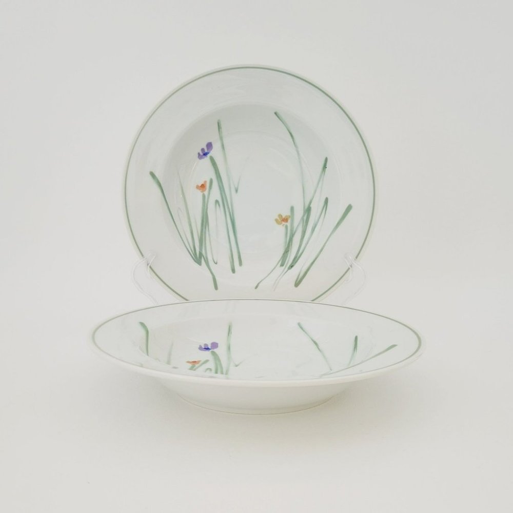 Mikasa Sketch Book Large Rim Soup Bowls (2) Summer Wild Flower, Japan c.1980s